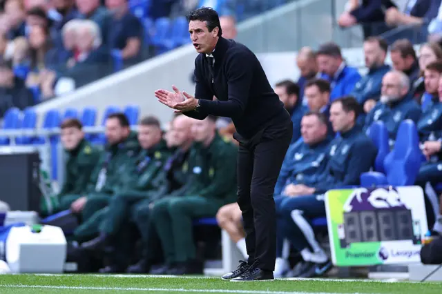 Unai Emery manger / head coach of Aston Villa during the Premier League match between Everton and Aston Villa at Hill Dickinson Stadium on September 13, 2025 in Liverpool, England.