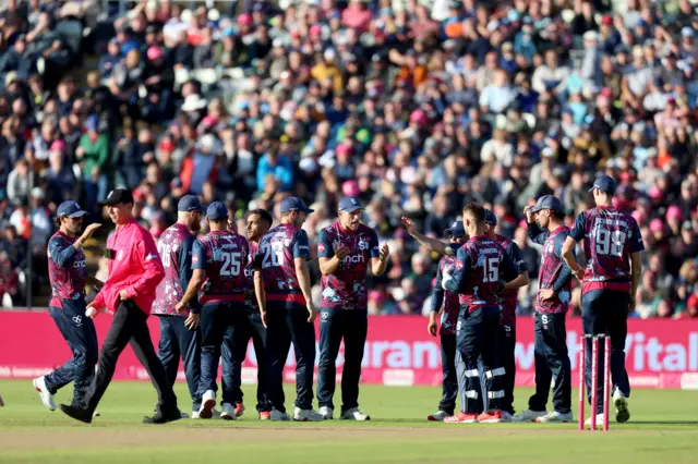Northants celebrate the wicket of Toby Albert