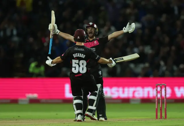 Lewis Gregory celebrates hitting the winning runs