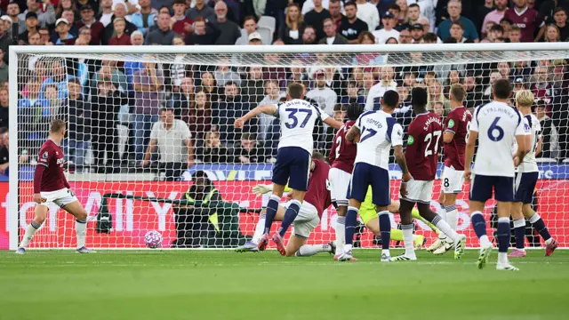 Micky van de Ven of Tottenham Hotspur scores his team's third goal