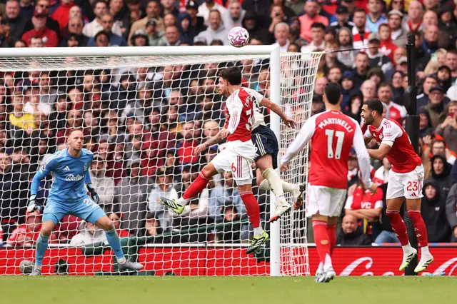 Martin Zubimendi of Arsenal scores his team's third goal during the Premier League match between Arsenal and Nottingham Forest at Emirates Stadium on September 13, 2025 in London, England.