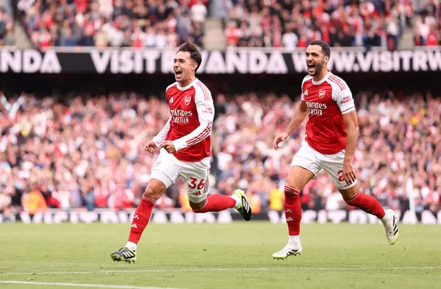 Martin Zubimendi of Arsenal celebrates scoring his team's first goal with teammate Mikel Merino during the Premier League match between Arsenal and Nottingham Forest at Emirates Stadium on September 13, 2025 in London, England