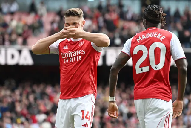 Viktor Gyoekeres of Arsenal celebrates scoring his team's second goal during the Premier League match between Arsenal and Nottingham Forest at Emirates Stadium on September 13, 2025 in London, England.