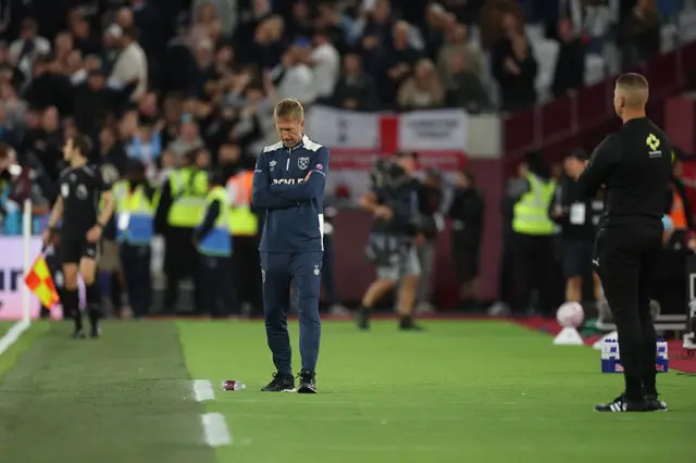 Graham Potter, Manager of West Ham United, reacts during the Premier League match between West Ham United and Tottenham Hotspur at London Stadium on September 13, 2025 in London, England.