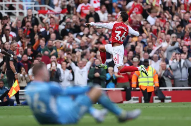 Arsenal's Martin Zubimendi celebrates scoring their first goal