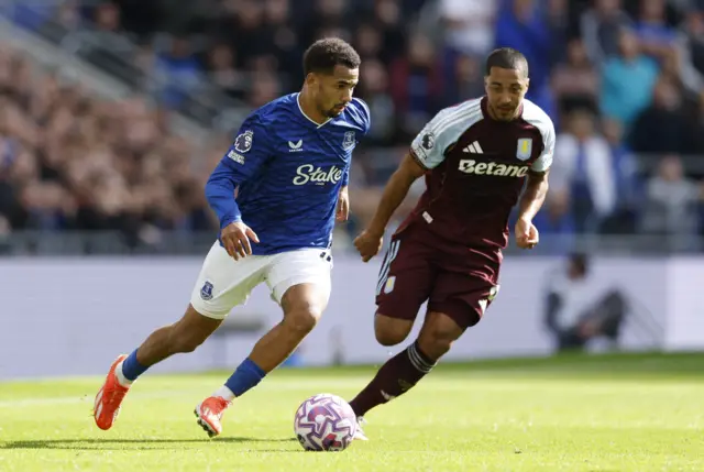 Everton's Iliman Ndiaye in action with Aston Villa's Youri Tielemans