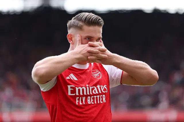 Viktor Gyoekeres of Arsenal celebrates scoring his team's second goal during the Premier League match between Arsenal and Nottingham Forest at Emirates Stadium on September 13, 2025 in London, England.