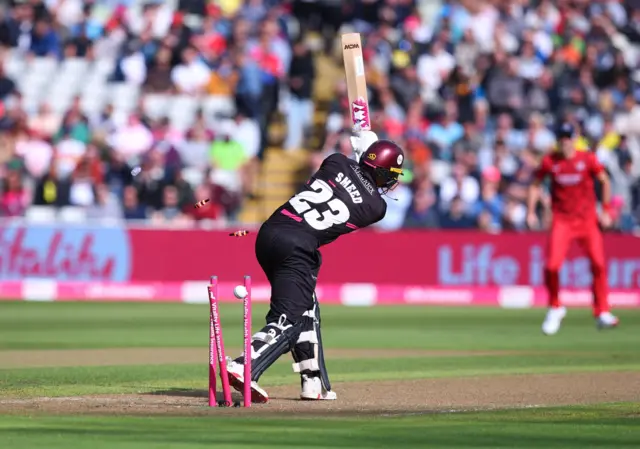 Will Smeed is bowled by George Balderson
