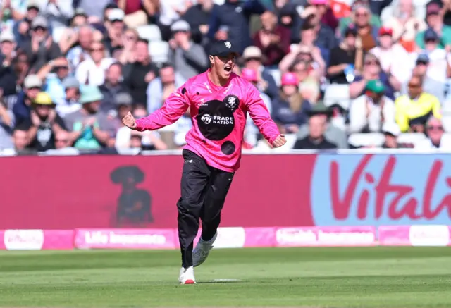 Migael Pretorius celebrates taking a catch to dismiss Luke Wells