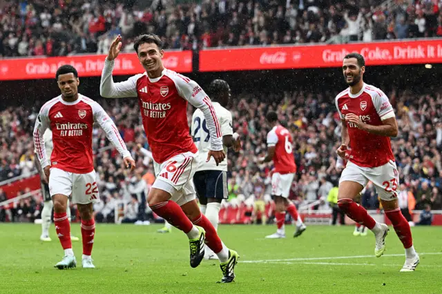 Arsenal's Martin Zubimendi celebrates scoring their third goal with team mates