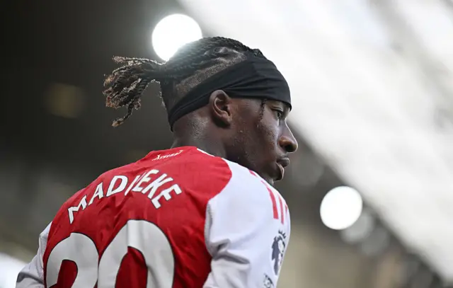 Noni Madueke of Arsenal looks on during the Premier League match between Arsenal and Nottingham Forest at Emirates Stadium on September 13, 2025 in London, England.