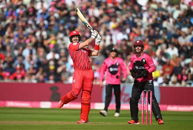 Lancashire's Liam Livingstone hits a six