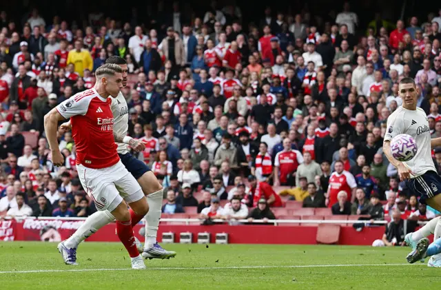 Viktor Gyoekeres of Arsenal scores his team's second goal during the Premier League match between Arsenal and Nottingham Forest at Emirates Stadium on September 13, 2025 in London, England.
