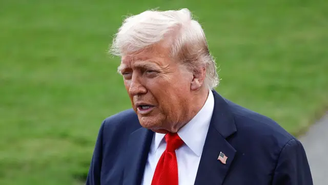 Donald Trump stands on the lawn outside the White House in a dark blue suit, white shirt and red tie. He has a US flag pin pinned to his left lapel