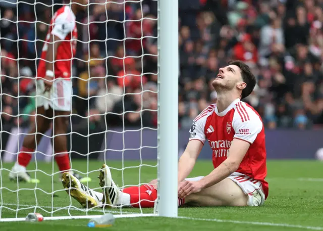 Arsenal's Declan Rice looks dejected as he misses a chance to score