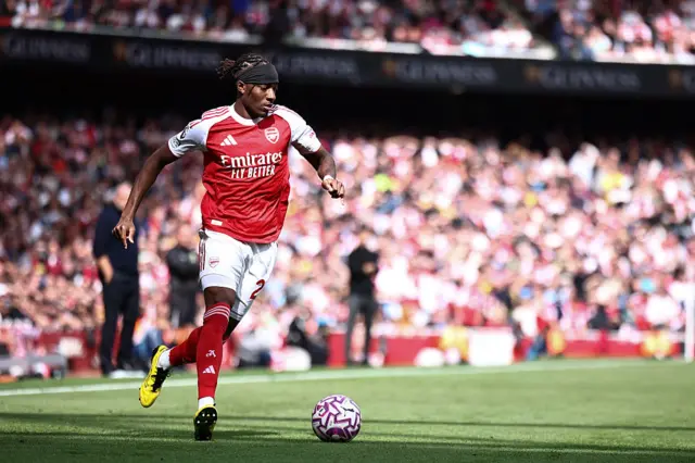 Noni Madueke runs with the ball during the English Premier League football match between Arsenal and Nottingham Forest