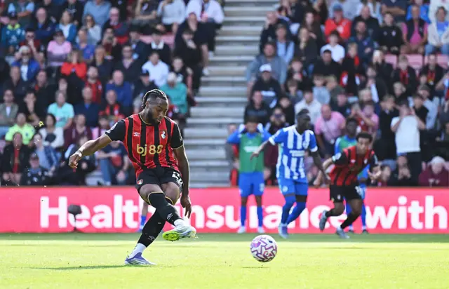 Antoine Semenyo of AFC Bournemouth scores his team's second goal from a penalty during the Premier League match between Bournemouth and Brighton & Hove Albion at Vitality Stadium