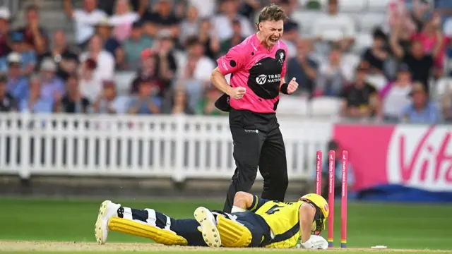 Riley Meredith celebrates a run out against Hampshire