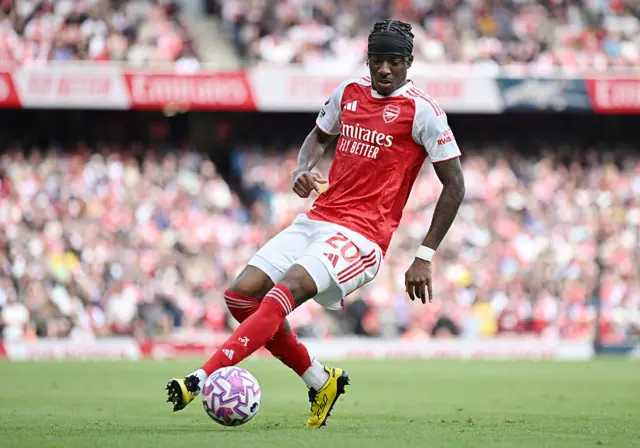 Noni Madueke of Arsenal controls the ball during the Premier League match between Arsenal and Nottingham Forest at Emirates Stadium on September 13, 2025 in London, England.