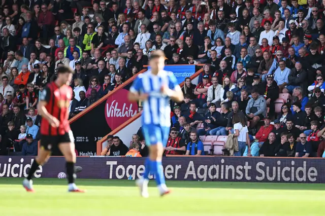 Premier League Together Against Suicide initiative in partnership with The Samaritans boards are seen inside the stadium during the Premier League match between Bournemouth and Brighton & Hove Albion at Vitality Stadium on September 13, 2025 in Bournemouth, England.