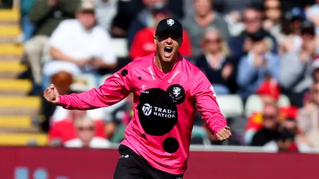 Somerset's Migael Pretorius celebrates the wicket off Lancashire Lightning's Luke Wells