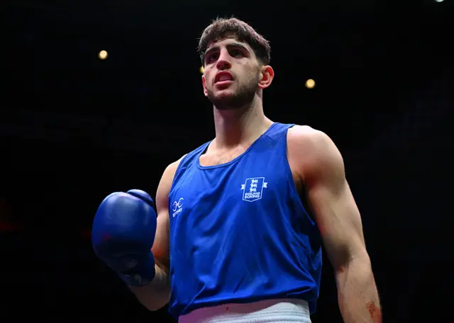 Teagn Stott from England (BLUE) looks on during his bout against Danylo Zhasan from Ukraine during the World Boxing Championships Semi finals