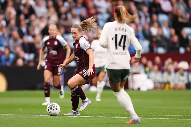 Kirsty Hanson of Aston Villa runs with the ball during the Barclays Women's Super League match between Aston Villa and Chelsea FC at Villa Park on September 14, 2025 in Birmingham, England.