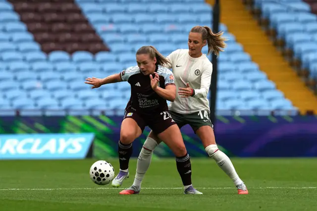 Kirsty Hanson of Aston Villa is challenged by Nathalie Bjoern of Chelsea
