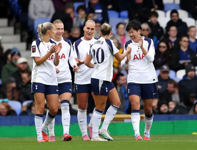 Olga Ahtinen of Tottenham Hotspur celebrates scoring her team's first goal with teammates during the Barclays Women's Super League match between Everton and Tottenham Hotspur at Goodison Park on September 14, 2025 in Liverpool, England