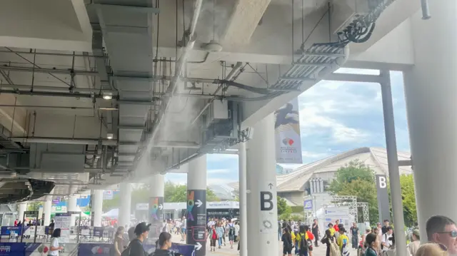 Mist is sprayed outside the stadium