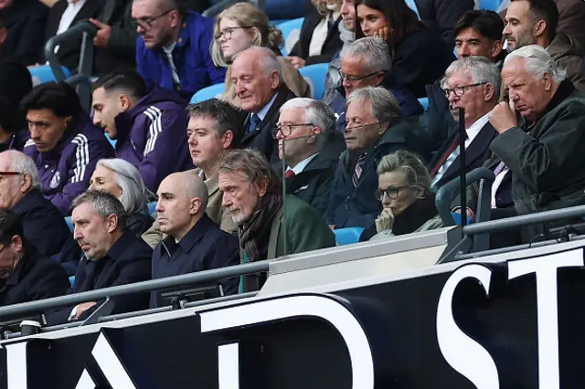 Jason Wilcox, Director of Football of Manchester United, Omar Berrada, CEO of Manchester United and Sir Jim Ratcliffe, CEO of INEOS group, look on