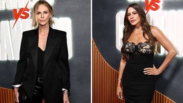 Split image of Charlize Theron in a black suit and Sofía Vergara in a black dress