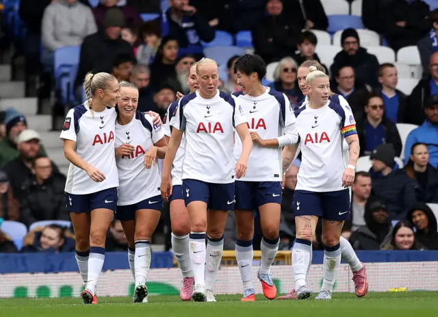 Olga Ahtinen of Tottenham Hotspur celebrates scoring her team's first goal with teammates during the Barclays Women's Super League match between Everton and Tottenham Hotspur at Goodison Park on September 14, 2025 in Liverpool, England.
