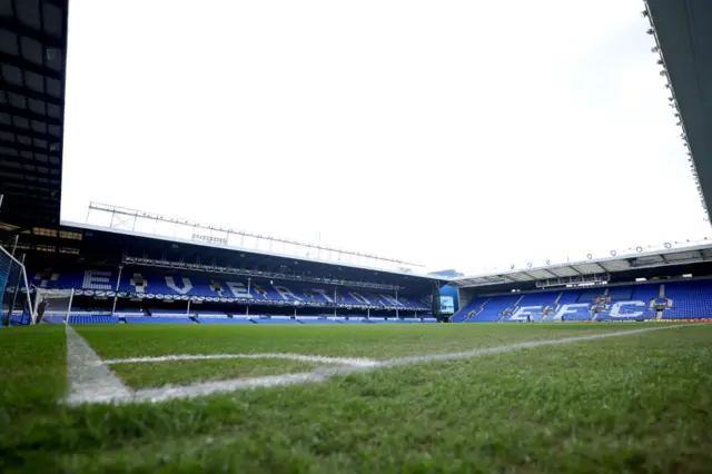 A general view of inside the stadium prior to the Premier League match between Everton FC and West Ham United FC at Goodison Park on March 15, 2025 in Liverpool, England