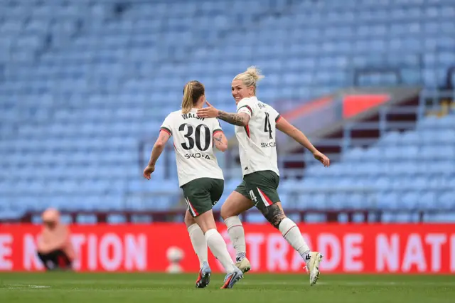 Keira Walsh of Chelsea celebrates with teammate Millie Bright after scoring her team's second goal during the Barclays Women's Super League match between Aston Villa and Chelsea FC at Villa Park on September 14, 2025 in Birmingham, England.
