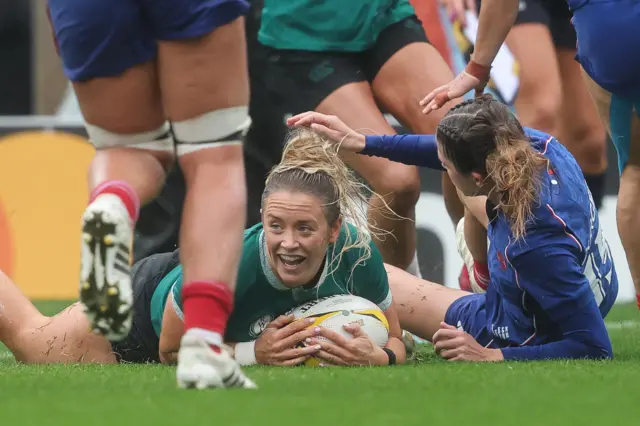 Stacey Flood celebrates her try
