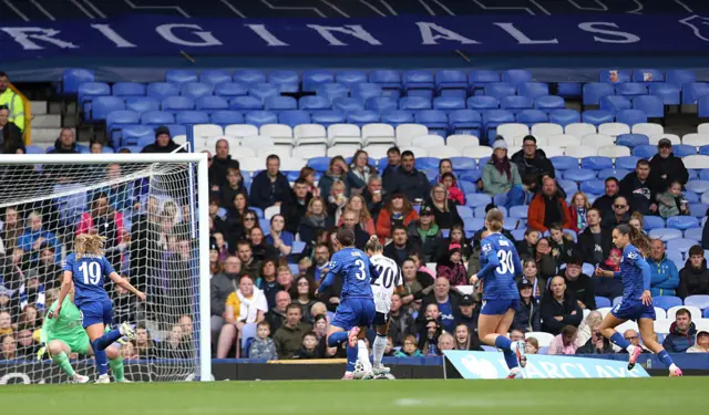 Olga Ahtinen of Tottenham Hotspur scores her team's first goal during the Barclays Women's Super League match between Everton and Tottenham Hotspur at Goodison Park on September 14, 2025 in Liverpool, England.