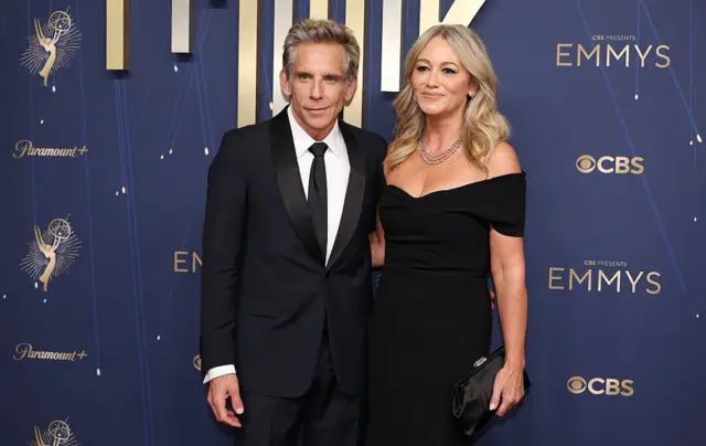 Ben Stiller and Christine Taylor on the red carpet at the 77th Primetime Emmy Awards at the Peacock Theater in Los Angeles, CA, Sunday, Sept. 14, 2025. (Allen J. Schaben / Los Angeles Times via Getty Images)