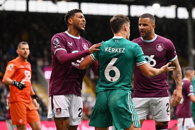 Josh Laurent and Kyle Walker of Burnley clash with Milos Kerkez