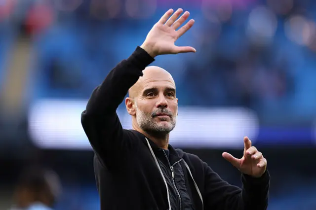 Pep Guardiola, Manager of Manchester City celebrates