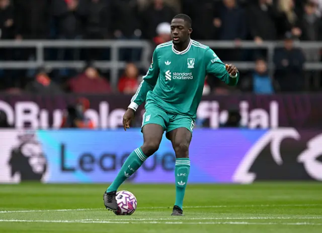 Ibrahima Konate of Liverpool controls the ball
