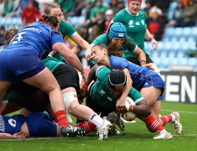 Linda Djougang of Ireland scores her side's first try during the Women's Rugby World Cup 2025 quarter-final match