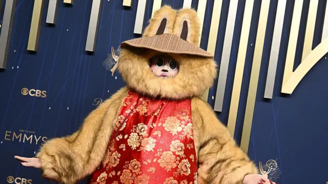 A person in a furry brown Labubu costume