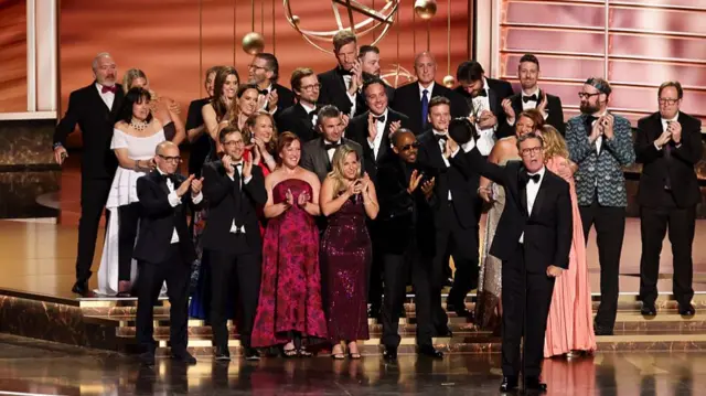 Stephen Colbert accepts the Emmy award for Outstanding Talk Series for "The Late Show with Stephen Colbert" at the 77th Primetime Emmy Awards