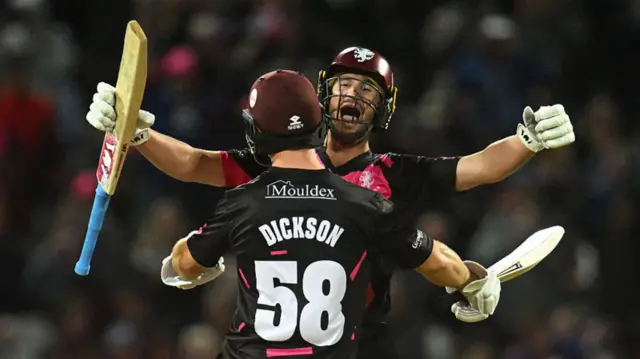 Somerset's Lewis Gregory celebrates T20 win with Sean Dickson