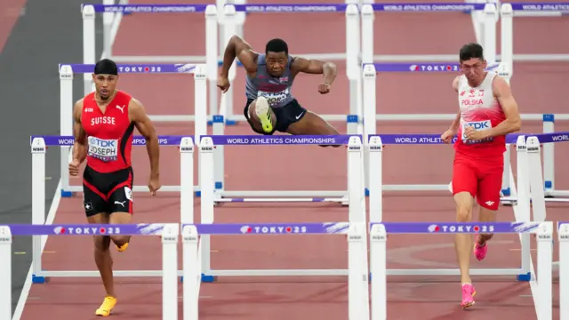 Tade Ojora of Great Britain during the Men’s 110m Hurdles heat 2