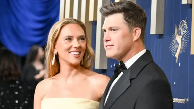Scarlett Johansson, Colin Jost at the 77th Primetime Emmy Awards held at the Peacock Theater on September 14, 2025 in Los Angeles, California
