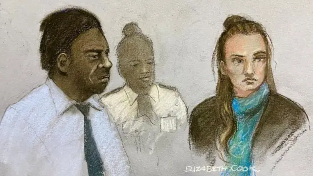 Court sketch showing Marten and Gordon looking glum with a court officer between them in the background.