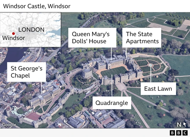 Aerial photo of Windsor Castle with an inset map locating it in relation to London. The image highlights areas of the castle that will be visited by Trump and Melania like the Quadrangle, the East Lawn, the State Apartments, St George's Chapel and Queen Mary's Dolls' House.