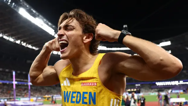 Sweden's Armand Duplantis celebrates